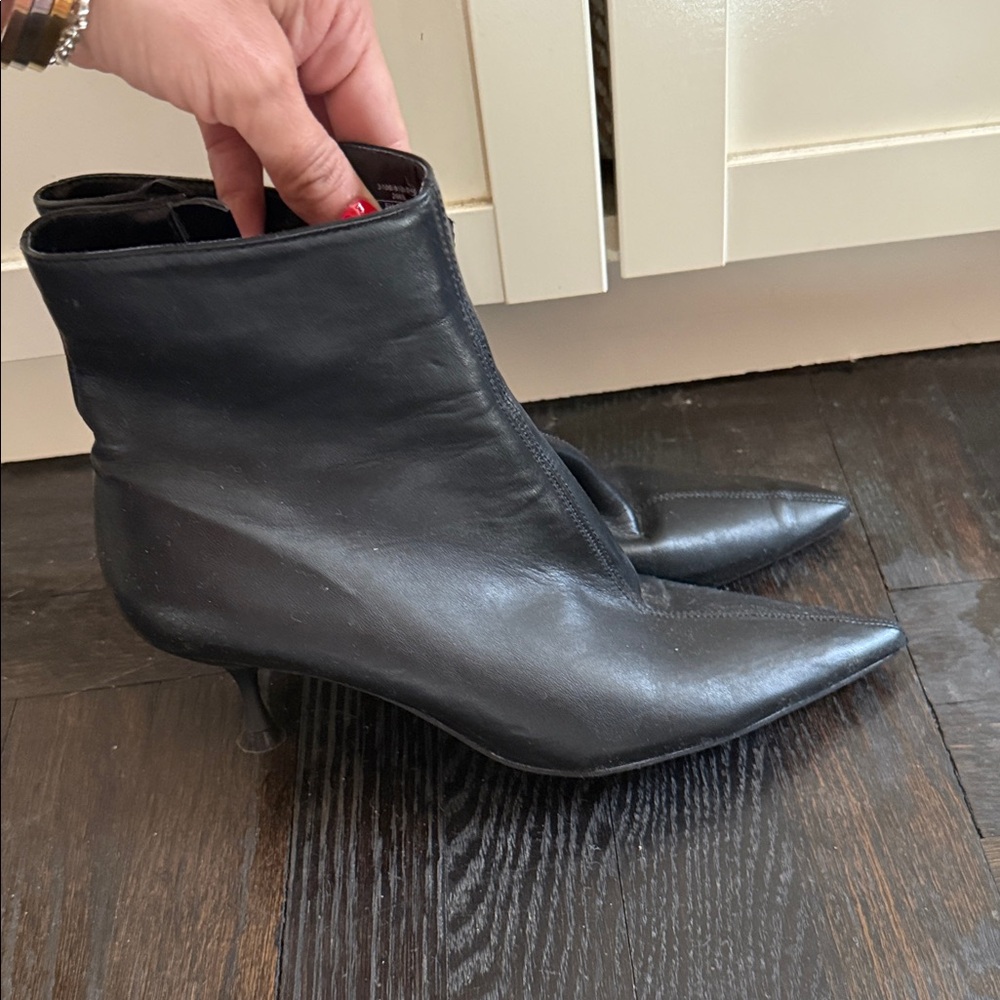 Zara Black Leather Kitten Heel Ankle Boots Sz 37